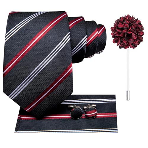 Hi-Tie Men's Silk Ties Formal Woven Classic Necktie Pocket Square Cufflinks Lapel Pin Set Wedding Business - color: A Black and Red