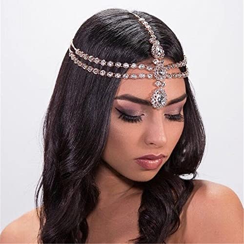 Bohemian Full Silver Rhinestone Chain Claer Crystal Head Chain Clip Drop Pendant HeadPieces Forehead Headband Hair Accessories for Wedding Brides Party Prom Costume (Silver) - color: Silver
