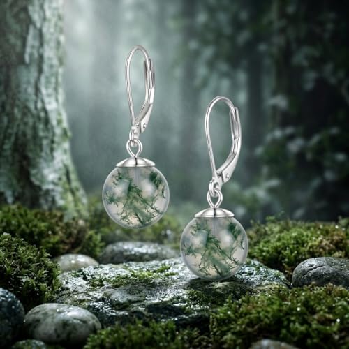 Pearl Leverback Earrings for Women Dangle Round Gemstone Earrings Birthstone Jewelry Gift Anniversary for Her - color: 17 Waterweed Agate