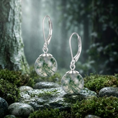 Pearl Leverback Earrings for Women Dangle Round Gemstone Earrings Birthstone Jewelry Gift Anniversary for Her - color: 17 Waterweed Agate