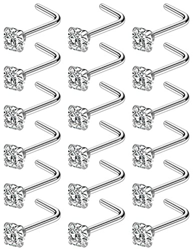 18G 20G 22G Nose Rings Studs with Cubic Zirconia 316L Surgical Steel Straight Screw L Shaped Nose Studs Piercing Jewelry for Women Men Girl CZ 1.5mm 2mm 2.5mm 3mm 20Pcs - color: C:20G L Shaped- Silver 1.5mm
