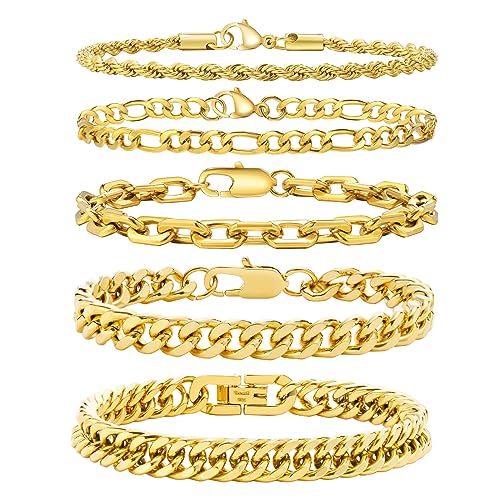 VNOX 5/7 Pcs Chain Bracelet for Men Women - Sturdy Stainless Steel Curb Width Cuban Link Chain Bracelet Set for Men Women,6.5/7/7.4/8.2/9 Inches - style: Gold Plated Link 1