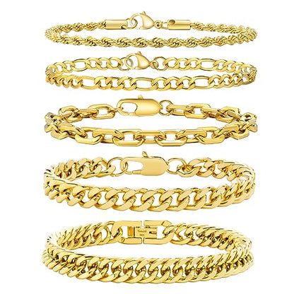VNOX 5/7 Pcs Chain Bracelet for Men Women - Sturdy Stainless Steel Curb Width Cuban Link Chain Bracelet Set for Men Women,6.5/7/7.4/8.2/9 Inches - style: Gold Plated Link 1