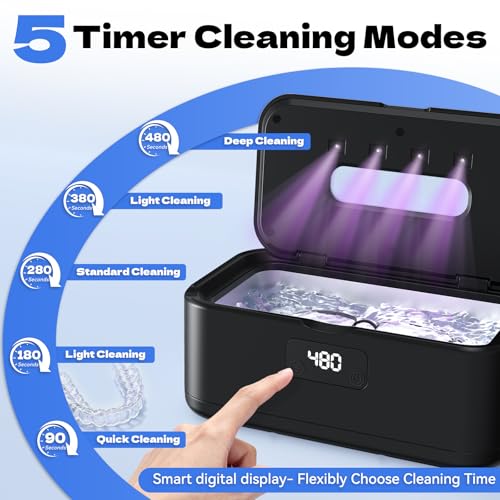Ultrasonic Jewelry Cleaner, 50Khz Jewelry Cleaner Ultrasonic Machine for Jewelry, Eyeglasses, Rings, Watch Strap, Dentures, 24oz - 304 Stainless Steel Tank, Digital Timer, 5 Cleaning Modes - color: Black
