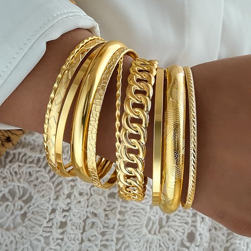 ÌF ME Gold Bangle Bracelets for Women, Indian Bangles Stackable Set, Multi Layer Textured 18K Gold Plated Chunky Bracelets Boho Jewelrys Set - style: A-10PCS Chunky bangle set