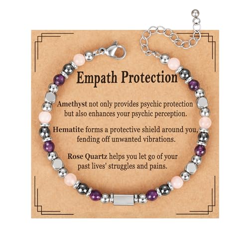 Natural Healing Crystal Bracelet for Women, Triple Protection Anxiety Relief New Beginnings Good Luck Empath Protection Jewelry Gift for Friends Daughter Mom 6.5+1.8 Inches - color: Empath protection-S