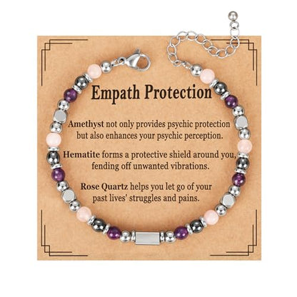 Natural Healing Crystal Bracelet for Women, Triple Protection Anxiety Relief New Beginnings Good Luck Empath Protection Jewelry Gift for Friends Daughter Mom 6.5+1.8 Inches - color: Empath protection-S
