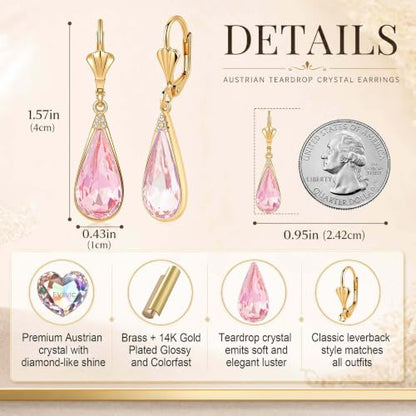Teardrop Austrian Crystal Leverback Dangle Drop Earrings for Women | 14K Gold Plated,Classic Teardrop Elegance,Leverback for Easy Secure Wear,Gift Box Included, Brighten Up Daily and Party Looks - color: Pink