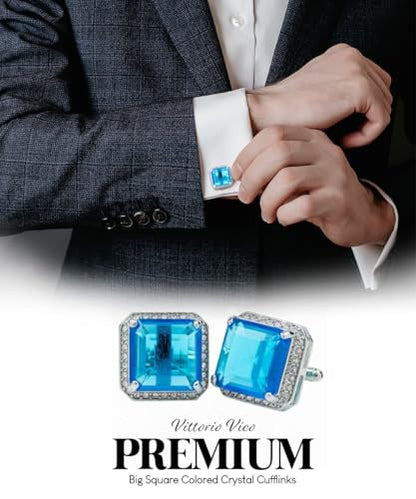 Large Big Square Crystal Color Stone Cuff Links for Men – Tuxedo Suit Accessories, Cufflinks for Men - style: Turquoise/Silver