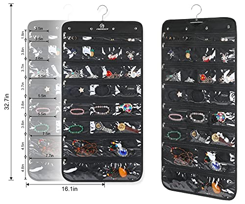 Hanging Jewelry Organizer with 50 Transparent Pockets, 360° Rotating Hanger & Secure Zipper Closure - Foldable Double Sided Jewelry Storage Bag for Earrings, Rings, Necklaces, Bracelets (Black)