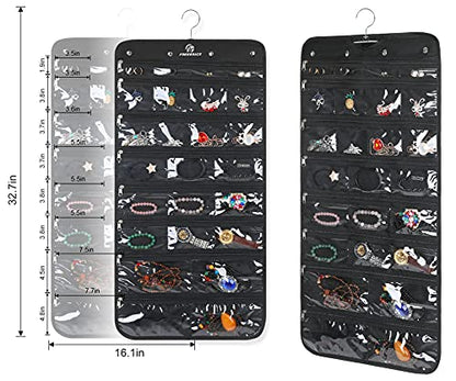 Hanging Jewelry Organizer with 50 Transparent Pockets, 360° Rotating Hanger & Secure Zipper Closure - Foldable Double Sided Jewelry Storage Bag for Earrings, Rings, Necklaces, Bracelets (Black)