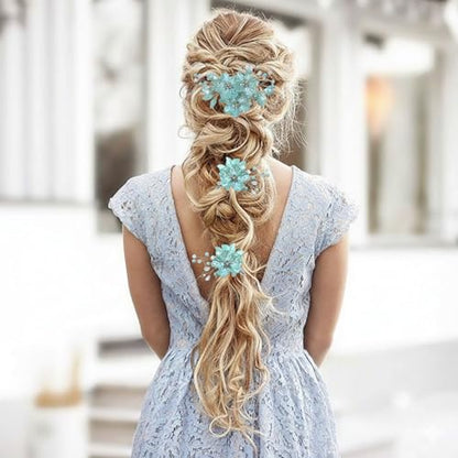 3 PCS Large Flower Bridal Wedding Hair Pins Crystal Pearl Hair Clips Headpiece Bride Hair Accessories Jewelry with Rhinestone, Glitter Emboss Blue Flower - color: Glitter Emboss Blue Flower