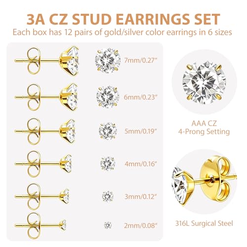 6/12 Pairs Silver Gold Stud Earrings Set for Women Men Cubic Zirconia 316L | Hypoallergenic, 14K Gold Plated Surgical Stainless Steel, 2 3 4 5 6 7 mm CZ Jewelry, Lightweight, Multiple Piercing - color: Sliver+Gold/12 Pair