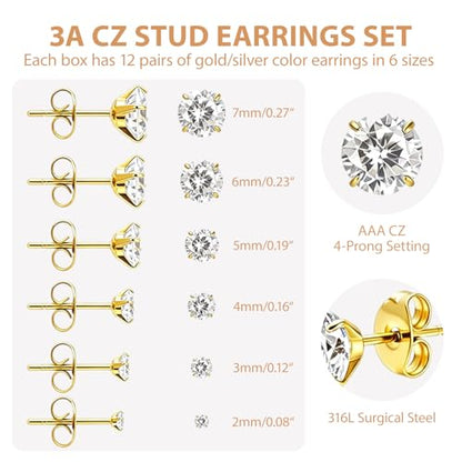 6/12 Pairs Silver Gold Stud Earrings Set for Women Men Cubic Zirconia 316L | Hypoallergenic, 14K Gold Plated Surgical Stainless Steel, 2 3 4 5 6 7 mm CZ Jewelry, Lightweight, Multiple Piercing - color: Sliver+Gold/12 Pair