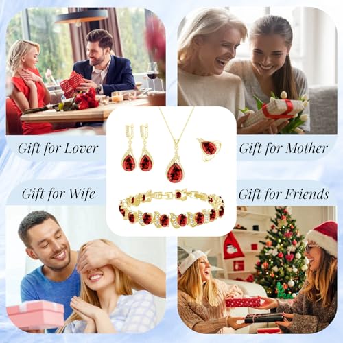 GZWHD Jewelry Set for Women CZ Earrings Necklace Ring Bracelet Set Prom Party Wedding Jewelry Gift for Mother Friend Wife - color: B-Gold-Garnet