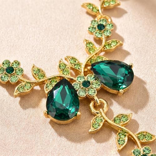Kamirola Women's Wedding Jewelry Leaf Cluster Flower Crystal Dangle Earrings Pendant Necklace Set for BridalCrystal Bridal Jewelry Set - color: Gold & Green