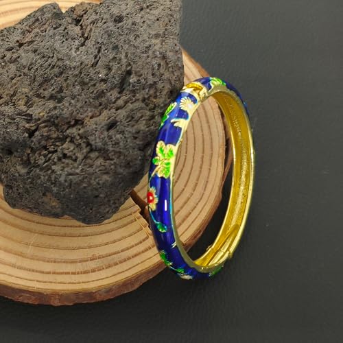 Cloisonne Bracelet For Women, Chunky Bangle Trendy Cute Flower Enamel Bangles Multi Tone Engraved Cuff Gold Plated Bracelets Stackable Wife Jewelry Friendship Gift - color: Dark Blue