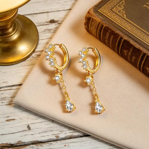 Silver CZ Dangle Earrings Hoop Leverback Drop Earrings Jewelry in Gifts Box | Hypoallergenic Elegant Cubic Zirconia Lightweight Drop Sliver /14k Gold Chain Drop Earring Jewelry for Women Daily Wear - color: Gold