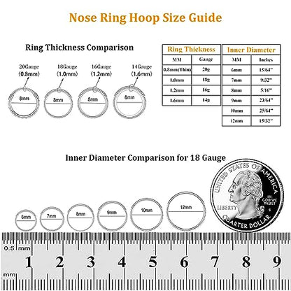 MissNity 20G, 18G, 16G, 14G Hinged Nose Rings Hoop with Gem in 316L Surgical Steel, Septum Clicker Cartilage Earrings Conch Daith Helix Rook Ear Lobe Piercing Jewelry, Diameter 6mm to 12mm - color: 05: Rainbow + Clear CZ