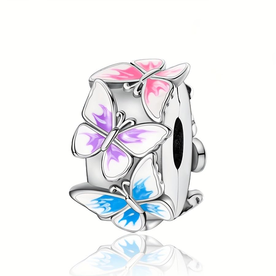 925 Sterling Silver Openable Clip Spacer Bead Fits Pandora Bracelet | Hypoallergenic Clip Stopper Charm, Star Clover Butterfly Floral Mom Heart Paved Zircon Gift for DIY Charm Bracelet Jewelry - color: Gradient Butterfly