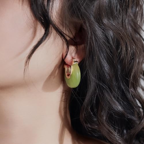 Chunky Gold Resin Hoop Earrings Leverback Statement Huggie Hoops Dangle Drop Dressy Earring Prom Festival Vacation Jewelry for Women - color: Green, size: Drop