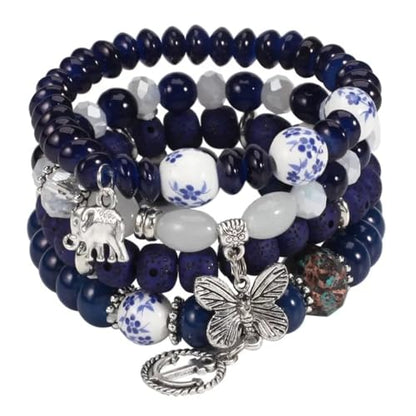Bohemian Glass Beaded Wrap Bracelets Multi-Layer Stackable Hand Jewelry Set - color: dark blue