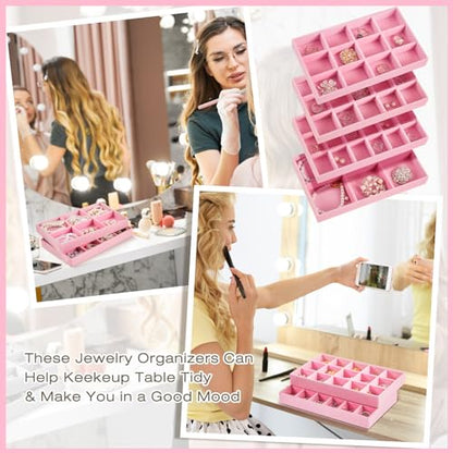 12 Pcs Jewelry Tray Velvet Stackable Jewelry Organizer Trays Divided Earring Accessories Storage Containers Box (Rose Red) - color: Pink