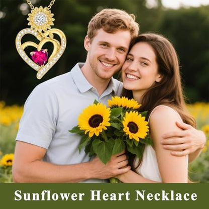 Midari Sunflower Necklace 18k Gold Plated Heart with Brithstone You Are My Sunshine Necklace Anniversary Birthday Sunflower Jewelry Gift for Women Wife Mom - color: 07-July