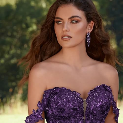 EleQueen Women's Sparkle Statement Clip-On Chandelier Earrings | Marquise Crystals Earrings for Women, Art Deco Prom Jewelry for Wedding Bride Bridesmaid - color: Purple Black-Tone