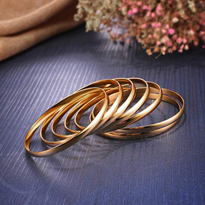 Castillna Stainless Steel Extra Extra Large (XXL) Plus Size Bangle Bracelets Set for Women, Set of 7 Pieces, 9.6 Inches - color: Gold
