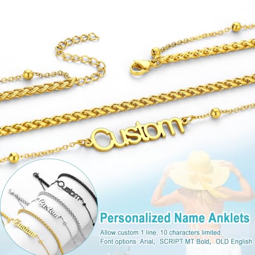 U7 Custom Layered Ankle Bracelets for Women Stainless Steel Bead/Cuban/Figaro/Rope/Wheat Chain Anklet Waterproof Anklet Jewelry for Beach Vacation - color: a-Gold Plated-Wheat Chain