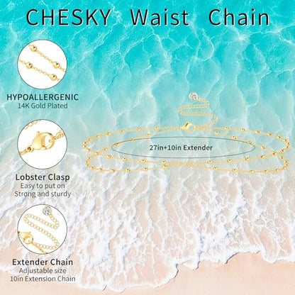 CHESKY Waist Beads for Women, Dainty 14k Gold Plated Waist Chain Beach Accessories Cute Belly Chain Body Chain Gold Chain Belts for Women Summer Beach Jewelry for Womens Gifts Rave Outfits for Womens - style: bead chain-gold