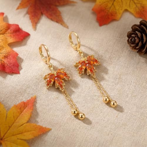 Sonateomber Christmas Tree Dangle Small Gold Hoop Earrings for Women, Cute Sparkly CZ Rhinestone Maple Clover Leaf Drop Earings Thanksgiving Holiday Accessories Fashion Jewelry Gift - color: Fall Maple