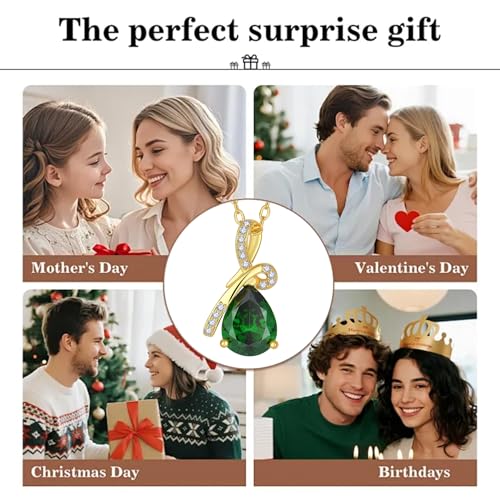 Infinity Birthstone Necklace for Women, Gold Plated Teardrop Cubic Zirconia Pendant, Created Gemstone Twist Necklace for Birthday, Her, Mom, Friend - color: Emerald-green-May