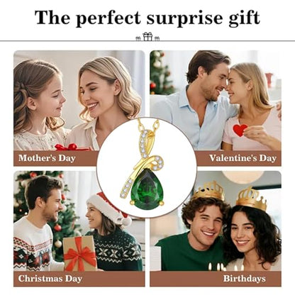 Infinity Birthstone Necklace for Women, Gold Plated Teardrop Cubic Zirconia Pendant, Created Gemstone Twist Necklace for Birthday, Her, Mom, Friend - color: Emerald-green-May