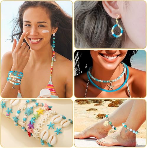 1860Pcs Ocean Beads for Bracelets Making Kit, Blue and White Summer Beach Bead for Jewelry Making, Sea Turtle Shell Starfish Shape Beads 8mm Round Cly Bead for DIY Craft Bracelets Earring (Blue) - color: Blue