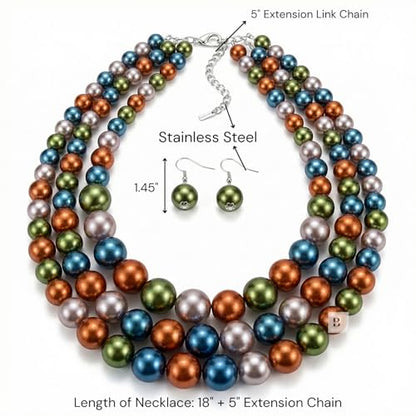 Simulated Pearl Necklace & Earring Set, Multi Strand - color: Dark Multi