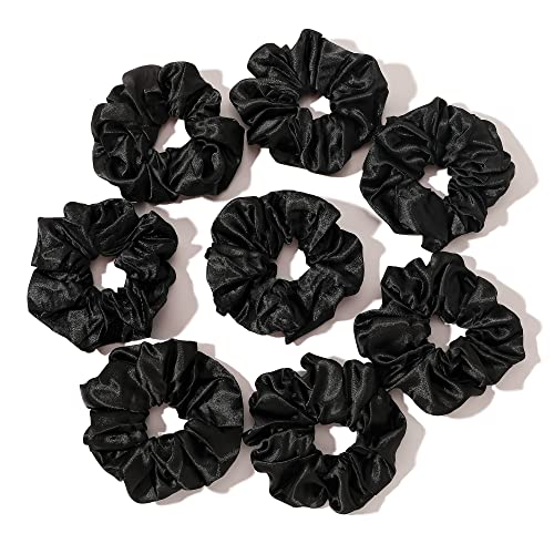 Scrunchies Soft Silk Elastics Bands Ponytail Holder Pack of 8 Neutral Scrunchies for Women & Girls - color: Black
