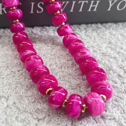 Colorful Chunky Resin Beaded Choker Necklaces for Women | Multicolor Beads, Sturdy Metal Chain, Adjustable, Detachable, Lightweight, Summer Beach Boho, Trendy Statement Jewelry Gift - color: Rose Red