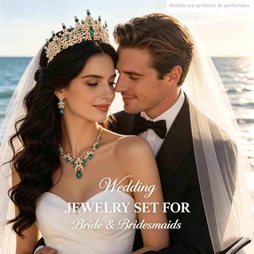 Kamirola Tiaras and Crowns for Women,Tiaras Earrings Necklace, Crystal Bridal Jewelry Set, Costume Jewelry for Women Party Halloween Prom Pageant - color: GOLD GREEN
