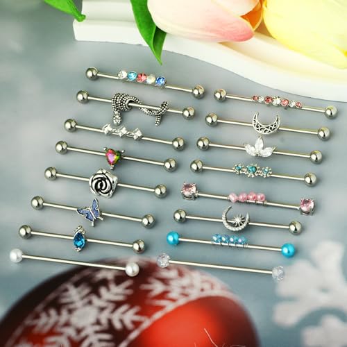 TIANCI FBYJS 7-16pcs 14G Stainless Steel Industrial Piercing Barbell Earring Cartilage Body Jewelry 38mm 1&1/2 Inch Industrial Piercing Bar for Women Men Snake Chain Dangle - color: silver new 16pcs