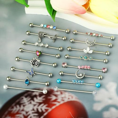TIANCI FBYJS 7-16pcs 14G Stainless Steel Industrial Piercing Barbell Earring Cartilage Body Jewelry 38mm 1&1/2 Inch Industrial Piercing Bar for Women Men Snake Chain Dangle - color: silver new 16pcs