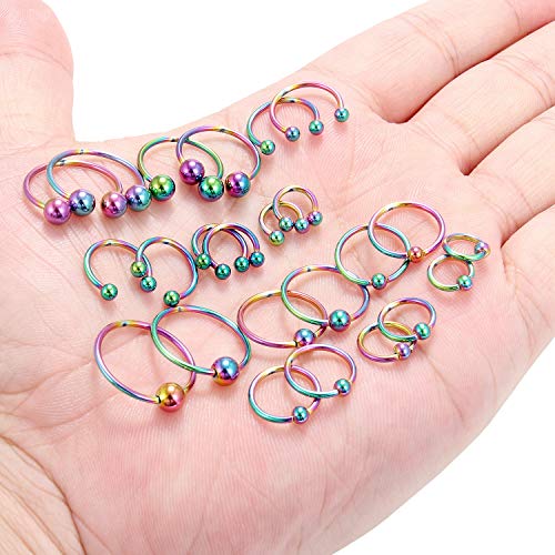 16-24PCS 16G Surgical Steel Horseshoe & Captive Bead Nose Hoop Septum Earring Eyebrow Tongue Lip Nipple Helix Tragus Piercing Jewelry Rings 6-16mm - color: 24PCS - Rainbow