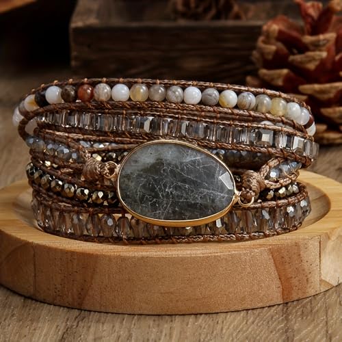 Women Wrap Bracelet Boho Natural Jasper Crystal Stone Beads Strand Bracelets - color: Style 07-Gray