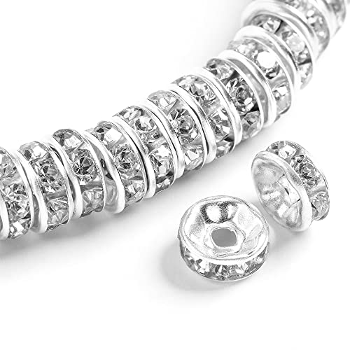 200PCS Rondelle Spacer Beads 8mm Silver Plated Czech White Crystal Rhinestone for Jewelry Making - color: 200Pcs Silver Plated/White, size: 8mm