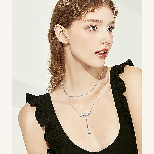 FLYOW Layered Necklace S925 Sterling Silver Y Shaped Jewelry - style: Angel Wings Style