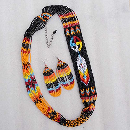Handmade Beaded Indian Necklace,Inspired by Native American Style Long Necklace Earrings Set,One of a Kind beaded Necklace for Women,Perfect for Occasions, Gifts - color: Orange