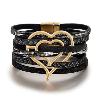Edoneery Leather Wrap Bracelets for Women, Boho Layered Cuff Bangle | Multi-layer Leather Cuff, Daily wear, Stackable Bangle, Easy on-off, Western Jewelry Gifts for Women - color: Black-5