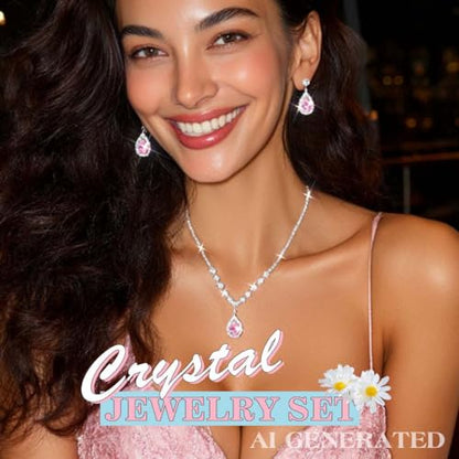 JAKAWIN Silver Rhinestone Jewelry Set Wedding Necklace Earrings for Women - color: G Pink