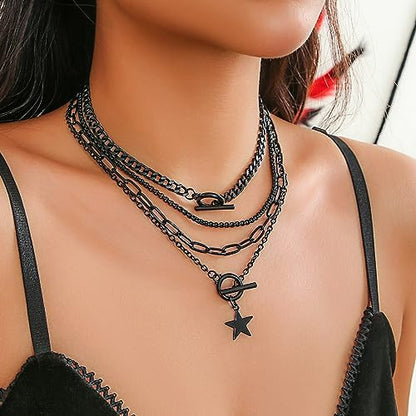 CSIYANJRY99 Layered Gold Necklaces for Women Chunky Gold Necklace Stack Layered Cuban Paperclip Snake Chain Necklace Retro Coin Dainty Pendant Toggle Clasp Necklace - style: Black Star